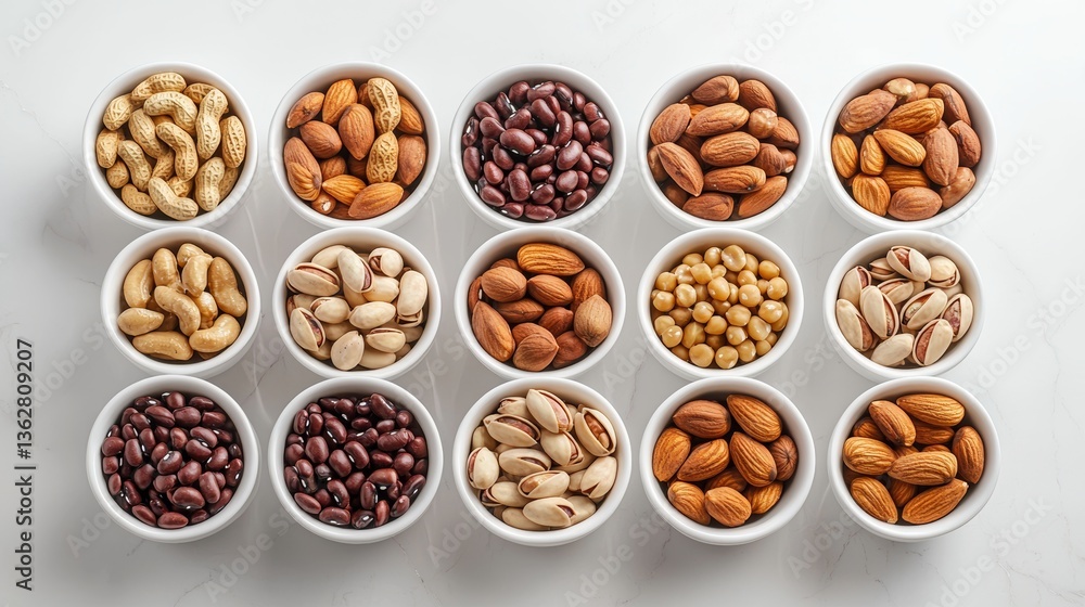 An Assortment of Nutritious Nuts and Legumes Displayed in Stylish White Bowls