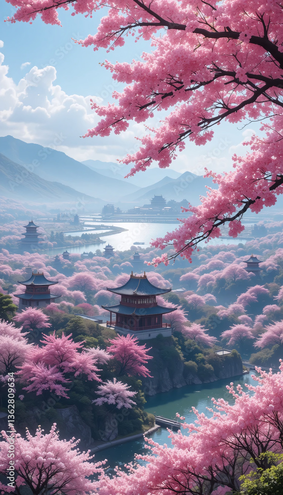 A serene and idyllic landscape featuring a sprawling aerial view of majestic cherry blossom trees in full bloom, their delicate pink petals gently swaying in the breeze, set against a backdrop of intr A serene and idyllic landscape featuring a sprawling aerial view of majestic cherry blossom trees in full bloom, their delicate pink petals gently swaying in the breeze, set against a backdrop of intr