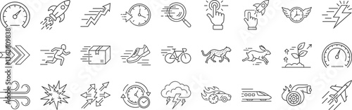 Speed, acceleration line icon set. Vector pictograms of fast movement, progress, quick actions, rocket, speedometer, lightning bolt, rapid growth dynamic thin linear illustration.