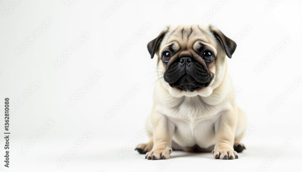 Obraz premium A single, charming pug against a stark white backdrop, photography, single, dog