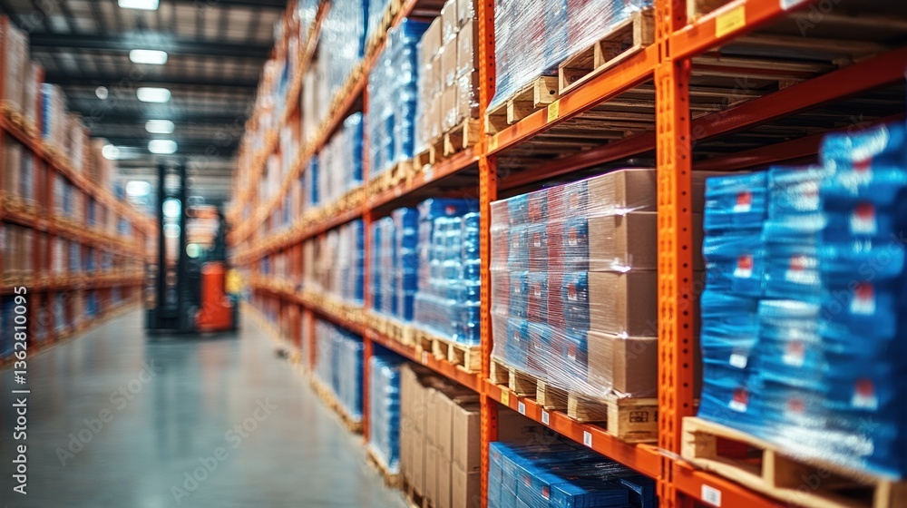 Warehouse Inventory Management: Rows of Pallets with Goods and Forklift Warehouse Inventory Management: Rows of Pallets with Goods and Forklift