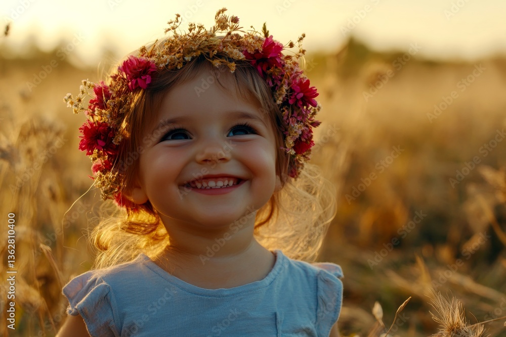 Fototapeta premium Golden hour in sunset. Happy caucasian toddler girl with multi-color hair wearing red flower crown on her head. Happy summertime conceptual art. Girl celebrating summer. Happy child in summer.