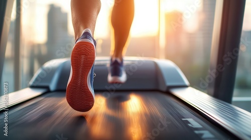 Home gym cardio treadmill workout. Person running on a treadmill with a sunset background.