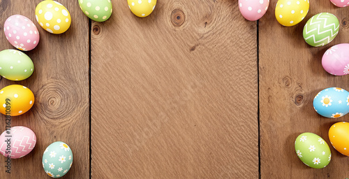 Easter eggs with colorful patterns placed in a border around a wooden background. Festive and decorative design for holiday themes. Ai generative