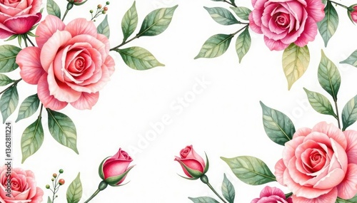 Delicate watercolor roses & leaves, repeating floral pattern, design, rose pattern, repeating pattern