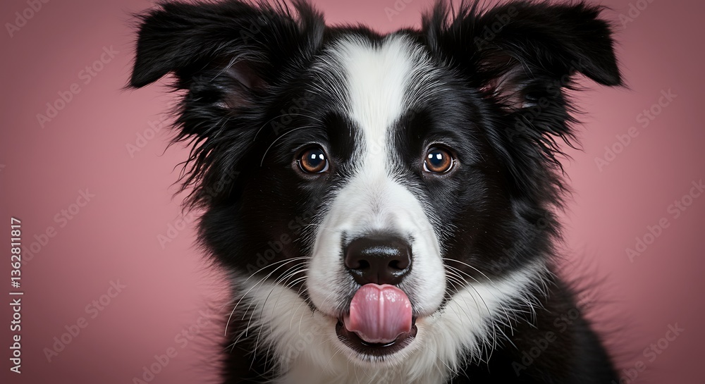Fototapeta premium Funny and Hungry Shepherd Puppy Dog Eating and Licking Its Lips with Tongue, Isolated on Pink Pastel Background, Adorable Puppy Expression, Playful Dog Image, Cute Pet Photography, Light Pink Backdrop