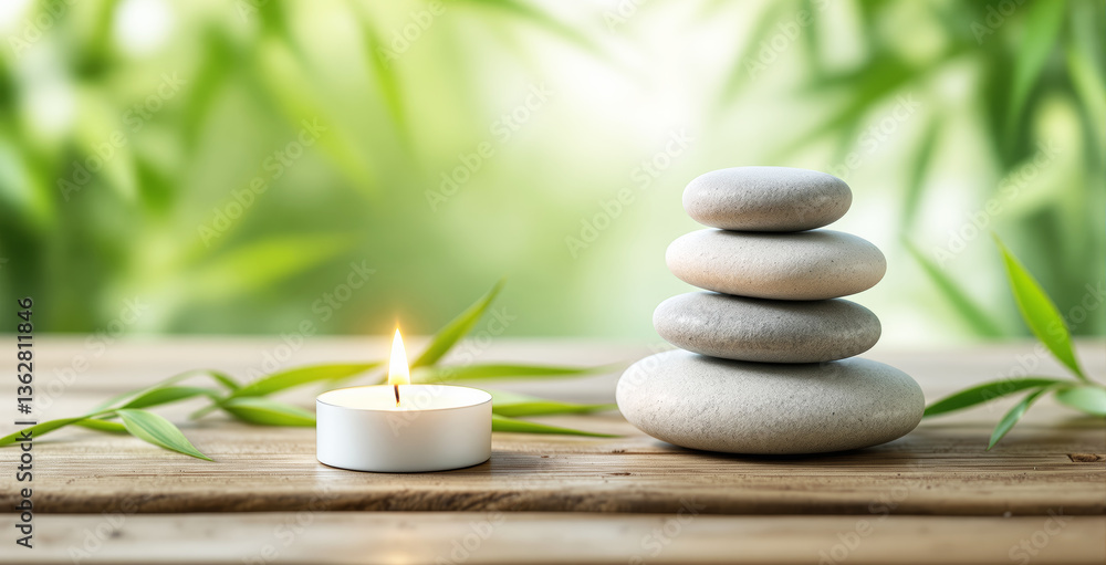 Obraz premium Zen stones stacked with a lit candle on a wooden surface, surrounded by bamboo leaves. Soft green background. Concept of relaxation, harmony, and meditation. Ai generative