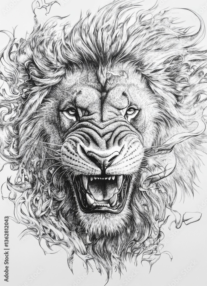 Intense roaring lion sketch with dynamic flowing mane Intense roaring lion sketch with dynamic flowing mane