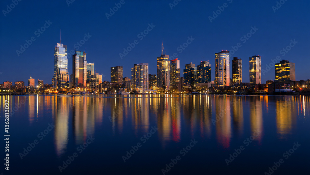 Obraz premium Urban night cityscape panorama with skyscraper lights reflecting in water