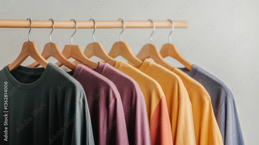 Fototapeta premium Colorful assortment of t-shirts hanging on a wooden rack display