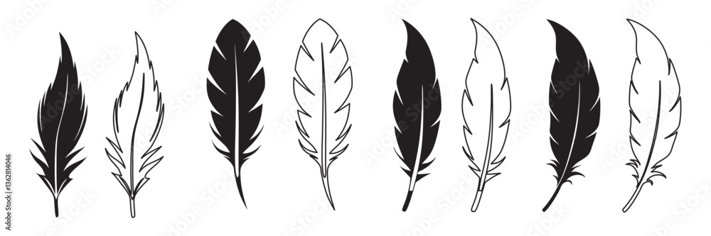 Obraz premium Set of Bird Feather icon, Feathers vector set in a flat style, Black quill feather silhouette and outline vector illustration