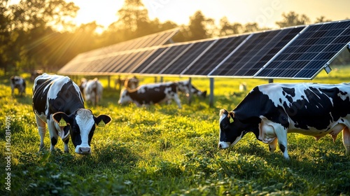 Cows grazing near solar panels at idyllic countryside sustainable farm land