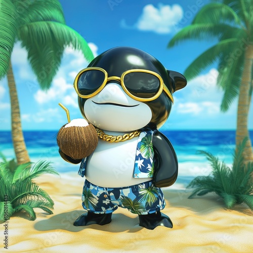 Cool Orca on Tropical Beach Vacation with Coconut Drink