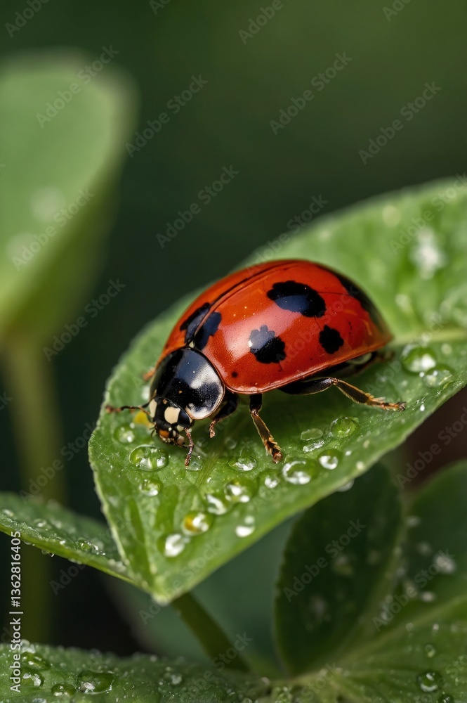 Ladybug Resting on Leaf with Water Droplets in Natural Setting Ladybug Resting on Leaf with Water Droplets in Natural Setting