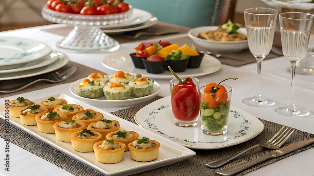 Table with food set for a dinner featuring plates, salad, appetizers, and a variety of dishes for a banquet or celebration. Table with food set for a dinner featuring plates, salad, appetizers, and a variety of dishes for a banquet or celebration.
