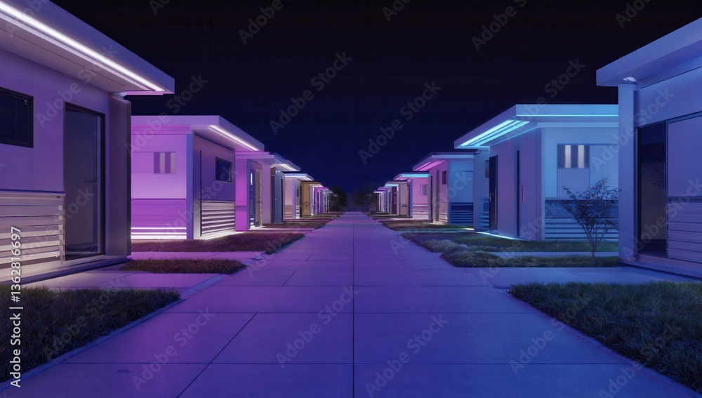 Obraz premium A row of houses along the street are brightly lit up with neon lights at night