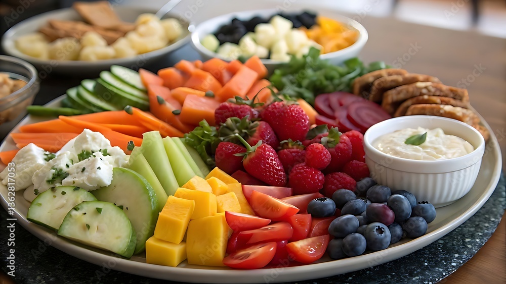 A fresh and healthy fruit salad in a bowl served as a colorful meal with tomatoes, cucumber, lettuce, and cheese. A fresh and healthy fruit salad in a bowl served as a colorful meal with tomatoes, cucumber, lettuce, and cheese.