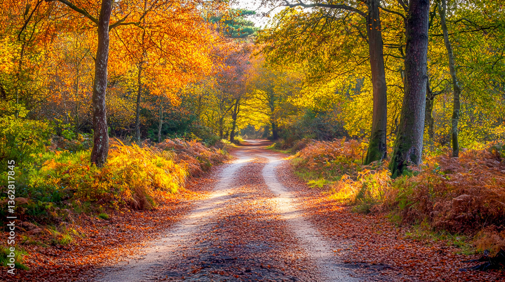 Obraz premium Scenic Woodland Walk Through the New Forest in Vibrant Autumn Colors