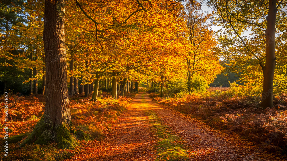 Naklejka premium Scenic Woodland Walk Through the New Forest in Vibrant Autumn Colors
