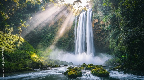 Spectacular waterfall cascading through lush, green rainforest with sunbeams