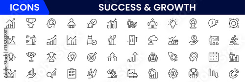 Success and growth web icons inline style. Handshake, growth profit, innovation, increase sale, coaching, progress, strategy, achievement, collection. Vector illustration.