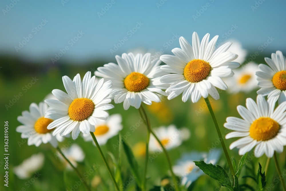 Fototapeta premium Bright white daisies bloom in a sunny meadow, showcasing nature's beauty during springtime