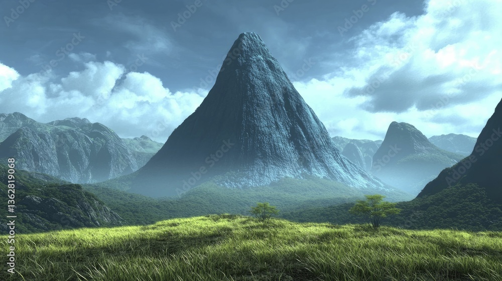 Fototapeta premium A majestic towering mountain surrounded by lush green meadows under a serene blue sky
