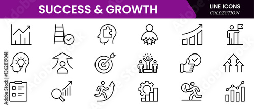 Success and growth web icons inline style. Handshake, growth profit, innovation, increase sale, coaching, progress, strategy, achievement, collection. Vector illustration.