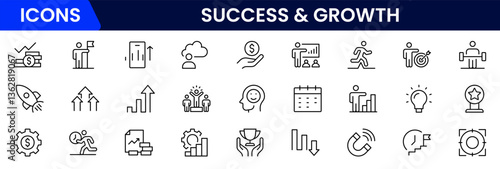 Success and growth web icons inline style. Handshake, growth profit, innovation, increase sale, coaching, progress, strategy, achievement, collection. Vector illustration.