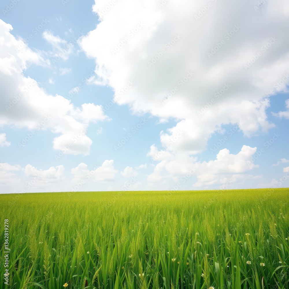 Endless meadow of vibrant green grass under a sky of fluffy white clouds, peaceful and serene, outdoor, beautiful, tranquility Endless meadow of vibrant green grass under a sky of fluffy white clouds, peaceful and serene, outdoor, beautiful, tranquility