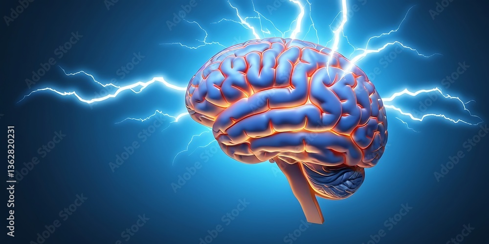 Fototapeta premium Human brain digital illustration. Electrical activity, flashes and lightning on a blue background