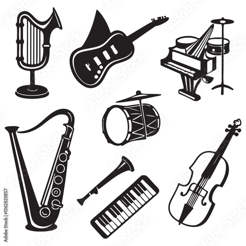 Musical instrument set. Accordion, guitar, harp, ethnic drum, violin, saxophone. Can be used for orchestra, acoustic concert, music, school concept vector