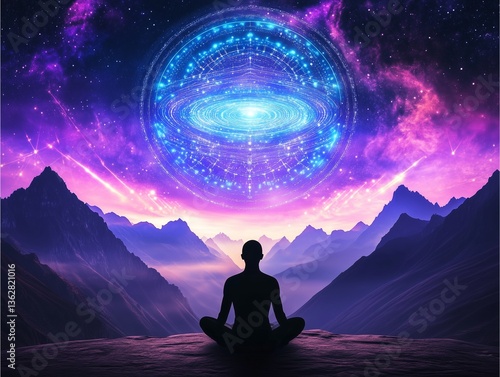 illuminated by neon energy lines under a vibrant cosmic sky ,Meditating