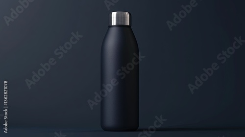 A minimalist water bottle, matte black, with a silver lid, standing upright on a plain dark blue background, full view with realistic lighting.