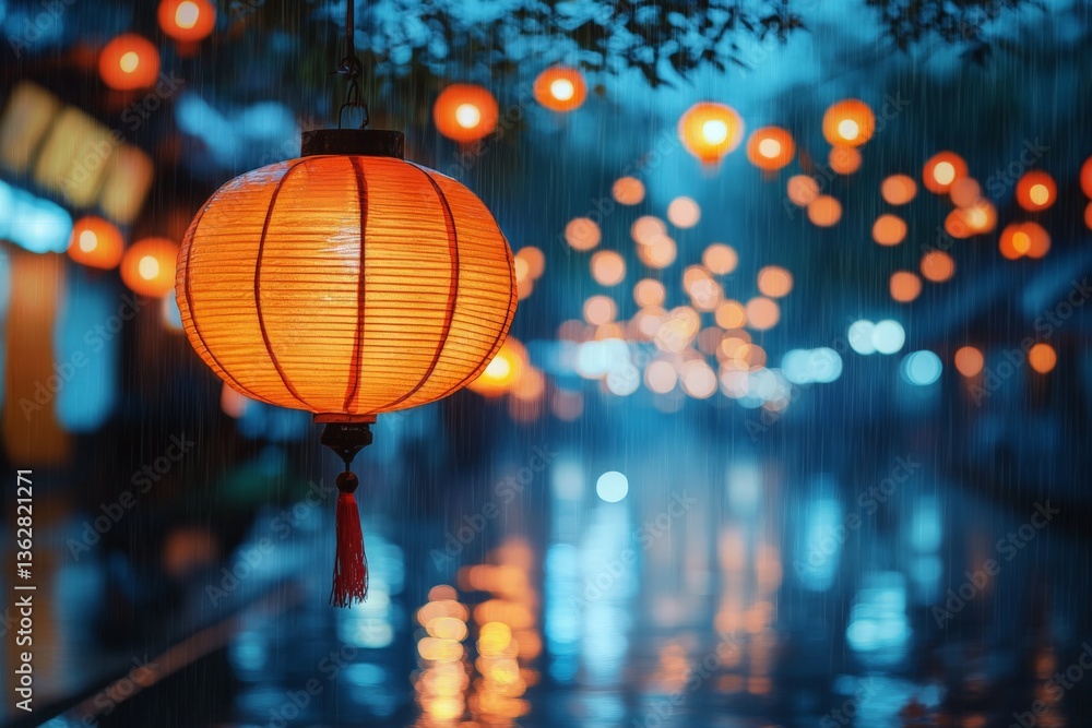 Soft rain falls on glowing lanterns in a vibrant nighttime street filled with reflections and lights during a festival celebration Soft rain falls on glowing lanterns in a vibrant nighttime street filled with reflections and lights during a festival celebration
