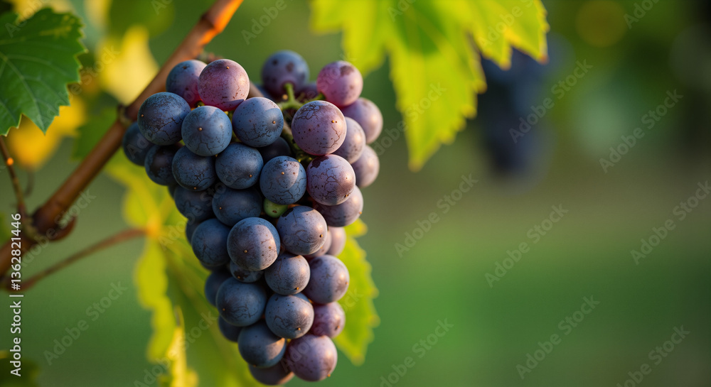 Fototapeta premium Bunch of ripe grapes hanging on vine in vineyard