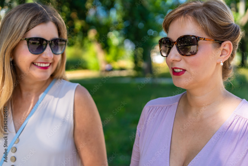 Summer in city. Two beautiful middle aged women enjoying walk in city park on beautiful sunny day. Front view