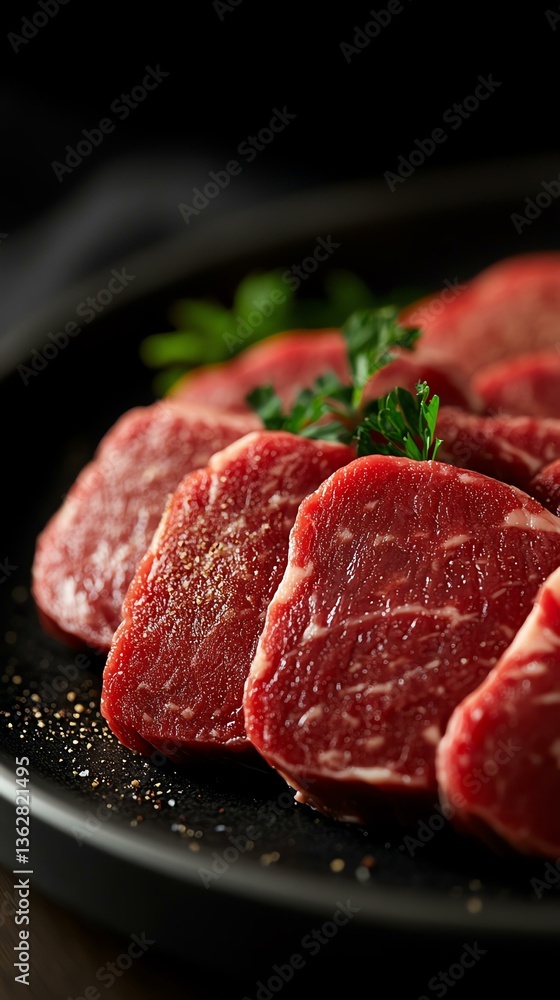 Premium beef steak Succulent slices of high-quality marbled meat arranged on a wooden board, garnished with fresh herbs, perfect for gourmet cooking and culinary presentations. Premium beef steak Succulent slices of high-quality marbled meat arranged on a wooden board, garnished with fresh herbs, perfect for gourmet cooking and culinary presentations.