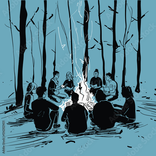 Group Sitting Around a Campfire in the Forest – Nighttime Gathering