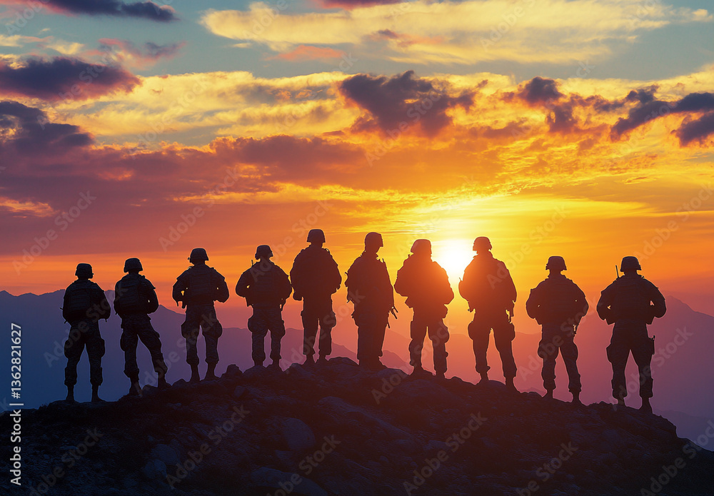 Silhouette of army soldiers standing on a hill with a sunset in the background Silhouette of army soldiers standing on a hill with a sunset in the background