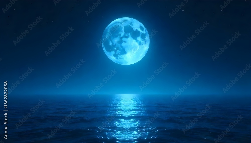 A digital artwork depicting a full moon over the ocean at night, rendered in a monochromatic blue color scheme A digital artwork depicting a full moon over the ocean at night, rendered in a monochromatic blue color scheme