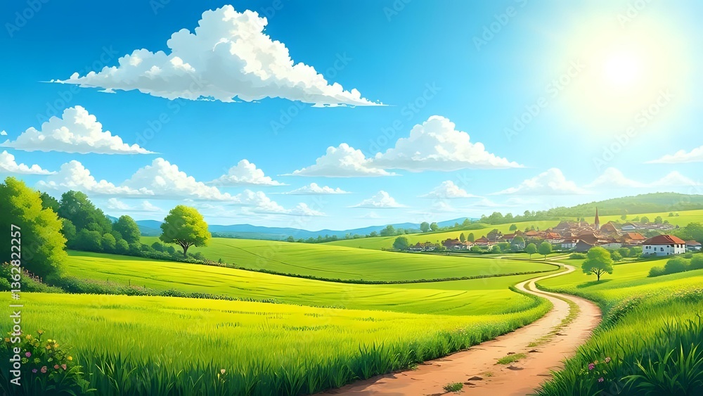 Obraz premium green field and blue sky cartoon illustration background 