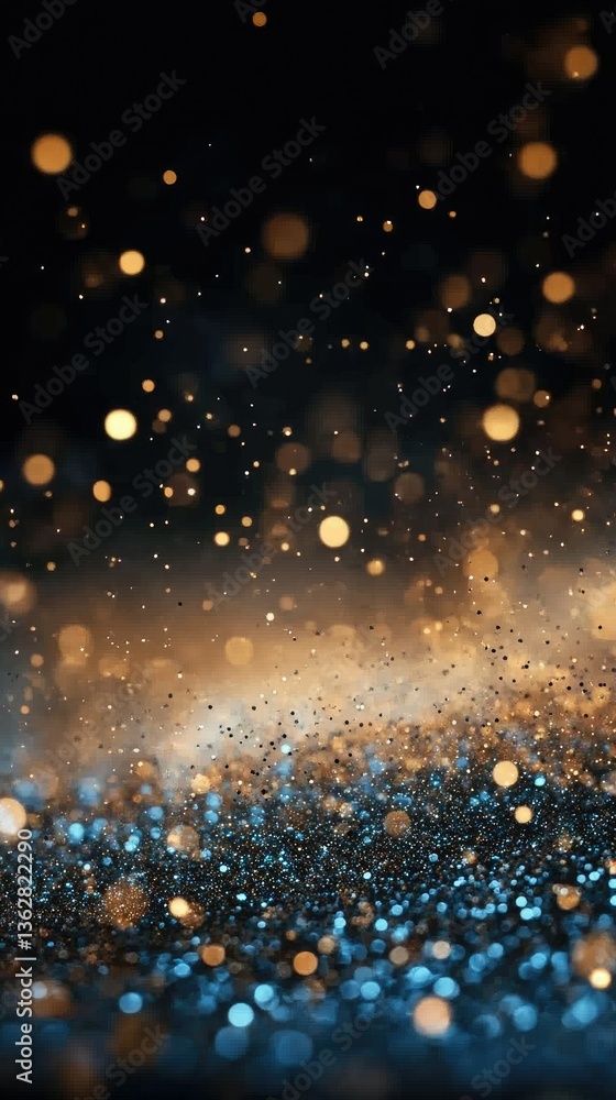 Obraz premium Shimmering golden and blue particles create a captivating visual effect against a dark background during a festive celebration