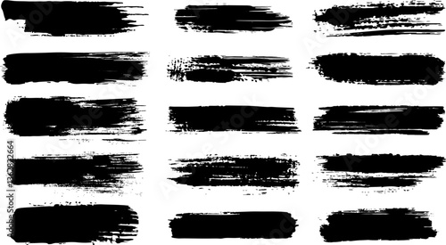 Abstract black brush brush marks, ink brush strokes, Chinese, Japanese, Korean, calligraphy brush strokes, hand drawn style black and white brush marks texture, rough gouache paint brushes