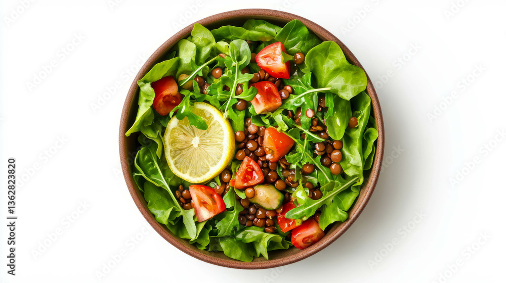 Fresh lambs lettuce and lentil salad with cherry tomatoes and lemon slice Fresh lambs lettuce and lentil salad with cherry tomatoes and lemon slice