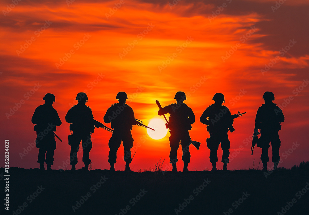 Silhouette of army soldiers standing on a hill with a sunset in the background Silhouette of army soldiers standing on a hill with a sunset in the background
