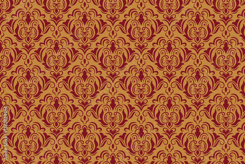 Warm brown and deep red damask pattern, evoking antique European luxury. Great for wallpaper, upholstery, textiles, and vintage decor.