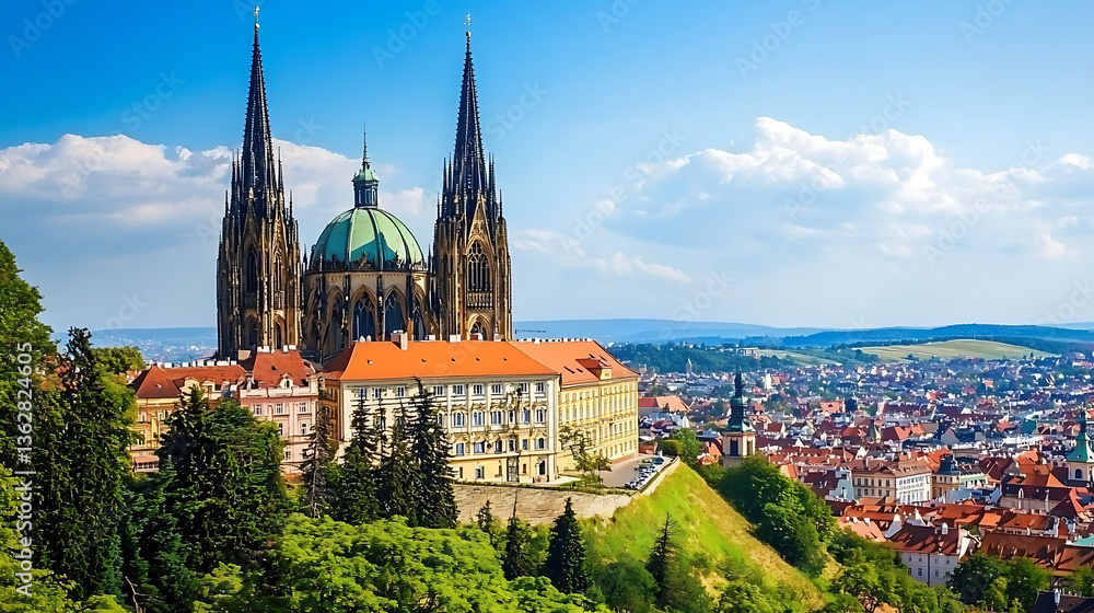 Fototapeta premium Majestic cathedral atop hill city