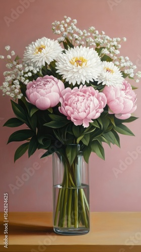 Wallpaper Mural Bouquet of pink peonies and white daisies arranged elegantly in a clear vase against a soft pink background Torontodigital.ca