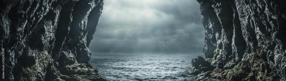 The sea stretches beyond the dark rugged cliffs under a cloudy sky The sea stretches beyond the dark rugged cliffs under a cloudy sky